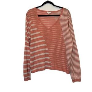 Garnet Hill Relaxed Linen V-neck Sweater M Rose Stripe Coral Sweater Size XL